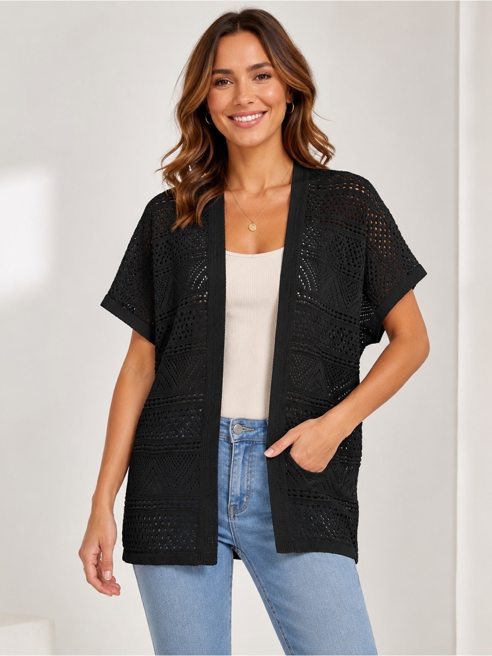 NWT Grace Karin Black Crochet Open Front Cardigan Kimono XL